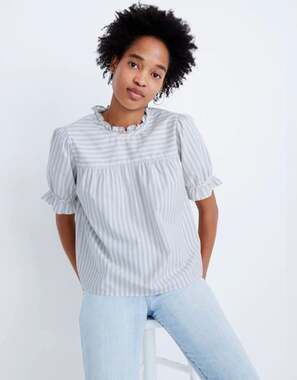 Madewell Women's Yoked Puff-Sleeve Top in Botanical Stripe Blue